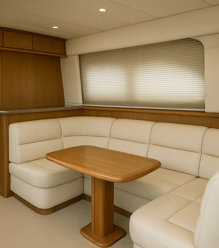 Professional yacht interior detailing in progress aboard a motor yacht at Port Hercule Monaco